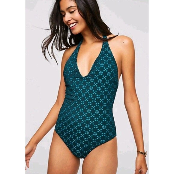 LOFT Green Perforated Halter One Piece Swimsuit Size 8 - Picture 1 of 11